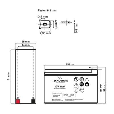 BATTERIA X UPS/ANTIFURTI/ETC. 12V 11.0AH TECNOWARE - EACPE12V11ATWB - CM. 151X65X94+5 (LXPXH) ERMETICA AL PIOMBO