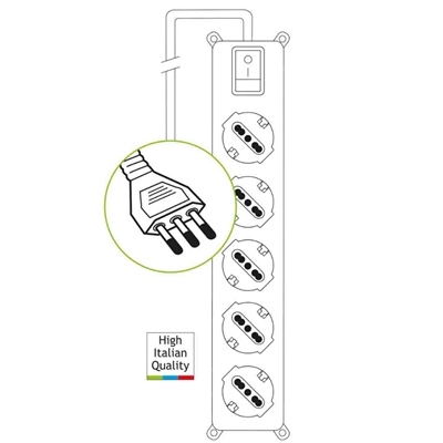 MULTIPRESA 5P TECNOWARE FMP5IIG (5 SCHUKO/ITA-BIPASSO IN 1 FILA DA 5P) +INTERRUTTORE NERA (BULK)