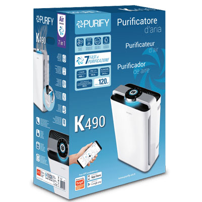 PURIFICATORE D ARIA PURIFY PY-K490 CON LAMAPADA UV - FUNZIONE IONIZZATORE E UMIDIFICATORE -TECNOLOGIA 7IN1-COP.FINO 120M²