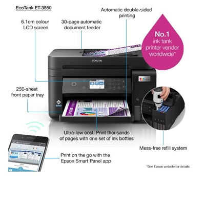 STAMPANTE EPSON MFC INK ECOTANK ET-3850 C11CJ61402 A4 33P 3IN1 STAMPA F/R ADF LCD 250FG USB LAN WIFI, WIFI DIR FLAC 2XBK,1XCOL