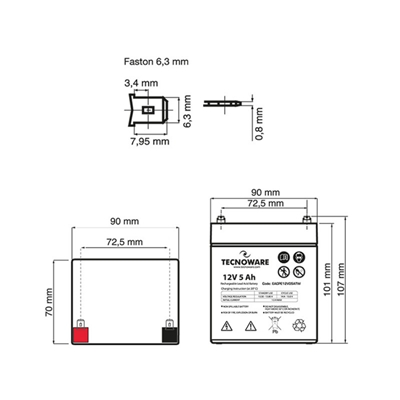 BATTERIA X UPS/ANTIFURTI/ETC. 12V  5.0AH TECNOWARE - EACPE12V05ATWB - CM. 90X70X102+5 (LXPXH) ERMETICA AL PIOMBO