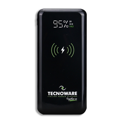 POWERBANK TECNOWARE 10.000MAH FPB17608 NERO IN:MICROUSB+TYPE-C - OUT:WIRELESS+USB +CAVO USB->MICROUSB/TYPE-C/LIGHTNING +CUSTODIA